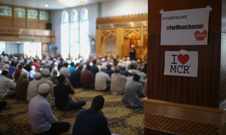Friday prayers at the central Manchester mosque on 26 May 2017, where prayers were held for the victims of the Manchester Arena bombing