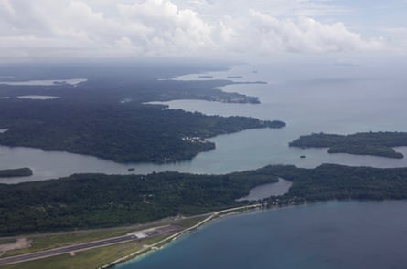 Aerial view of the Manus Island airport, the former refugee detention centre and the town of Lorengau.