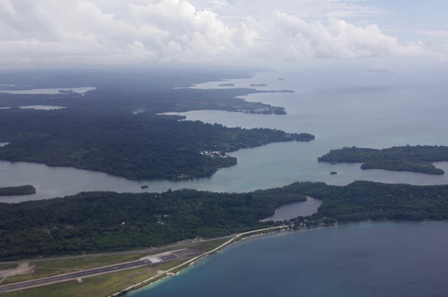 Aerial view of the Manus Island airport, the former refugee detention centre and the town of Lorengau.
