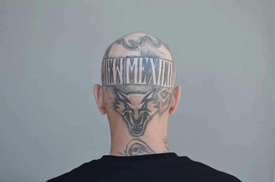 ‘New Mexico’. An anonymous man with head tattoos made in the state corrections department, Albuquerque.