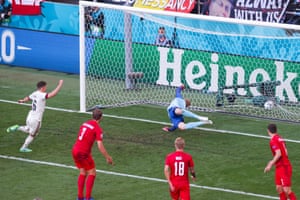 Thorgan Hazard of Belgium scores past Kasper Schmeichel.