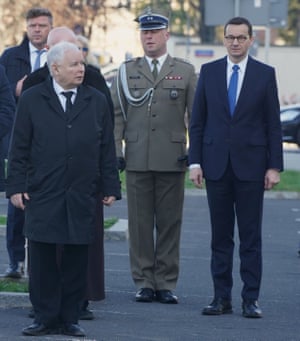 Leader of the Polish Law and Justice (PiS) ruling party Jaroslaw Kaczynski, left, and Polish prime minister Mateusz Morawiecki, right, at a commemoration ceremony for the victims of the air crash of Polish presidential jet in Russia 10 years ago