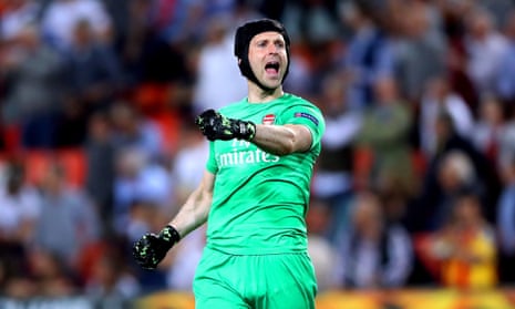 Petr Cech punches the air in joy