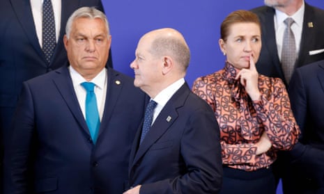 From left: Hungary’s prime minister, Viktor Orban; Germany’s chancellor, Olaf Scholz; and Denmark’s PM, Mette Frederiksen.