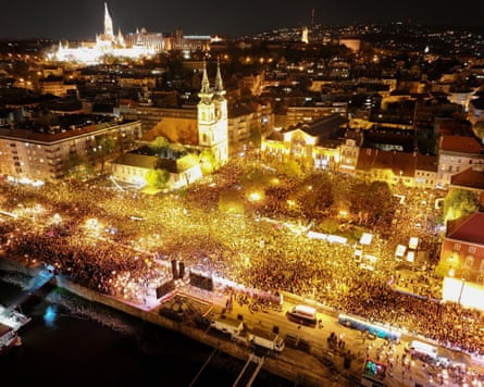 People gather in the centre of Budapest to celebrate Magyar’s victory.