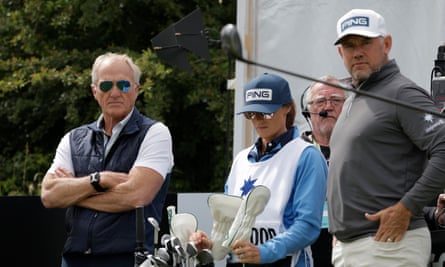 Greg Norman, the CEO of LIV Golf Series, stands on the first tee with Lee Westwood.