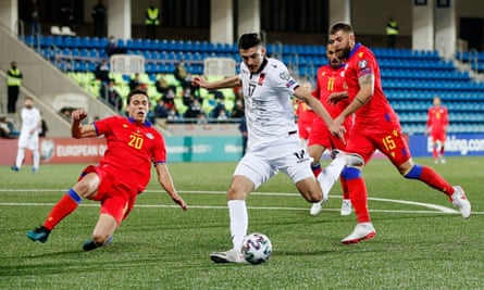 Albania’s Armando Broja shoots at Andorra’s goal in their midweek 1-0 World Cup qualifying win.