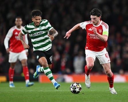 Declan Rice takes on Sporting’s Luis Saurez during Wednesday’s quarter-final