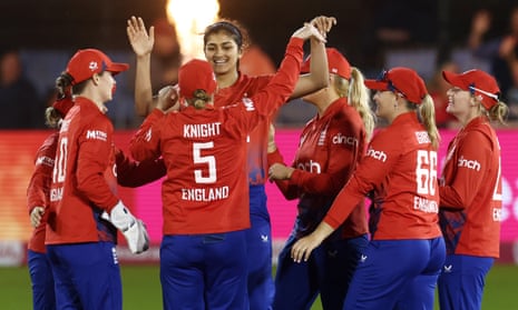Mahika Gaur celebrates her maiden England wicket during the rain-interrupted victory at Hove.