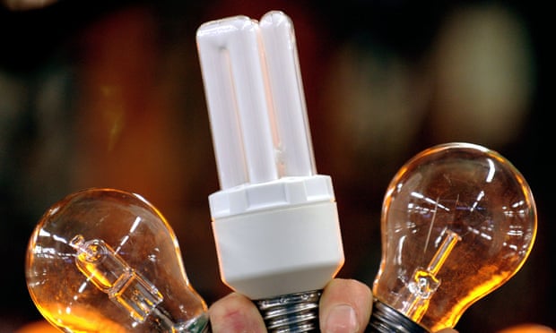 Two incandescent bulbs, being phased out in many countries, and a compact fluorescent lamp which uses a fraction of the energy.