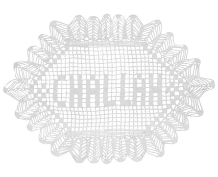 a crochet doily that says challah