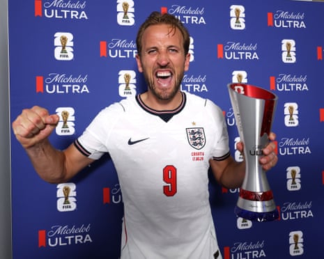 Harry Kane poses with his player of the match award after England beat Croatia 4-2