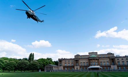 Marine One arrives for the welcome ceremony at Buckingham Palace.