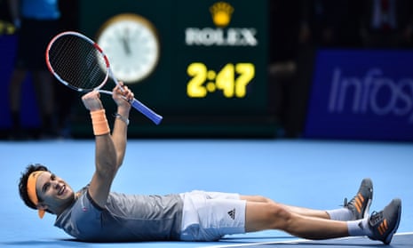 Dominic Thiem celebrates his victory over Novak Djokovic.