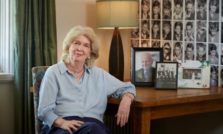 Child Migrants Trust director Margaret Humphreys, with framed pictures of boys who arrived in the first postwar group of child migrants in September 1947.