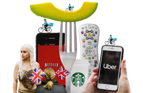 Composite  of images of Emilia Clarke in Game Of Thrones, Netflix and Uber logos on phones, TV remote control, slice of avocado on a fork, Deliveroo bikes, Starbucks coffee cup, woman with union flags stuck in her hair
