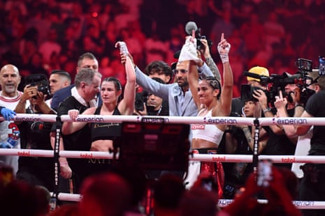 Katie Taylor and Amanda Serrano react after Friday’s fight.