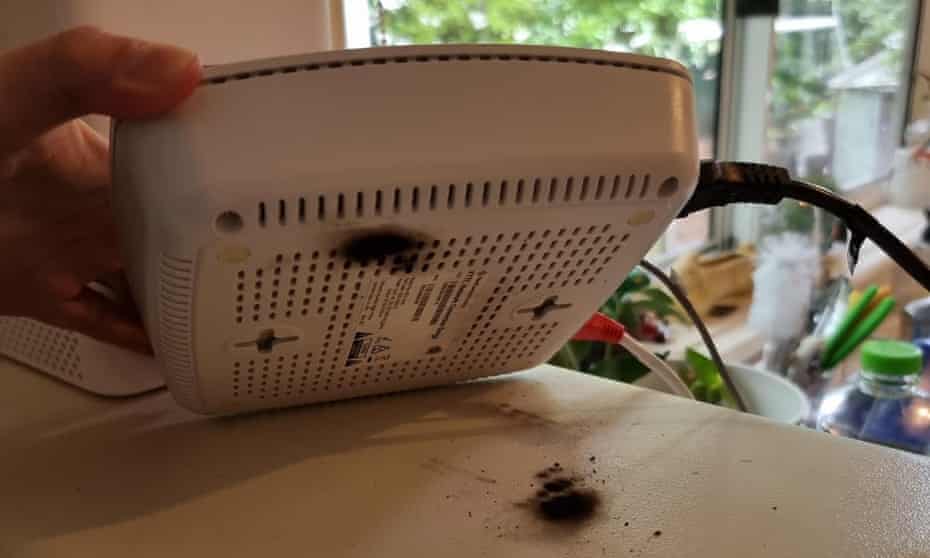 The NBN modem of Tina and Wayne McDougall of Bowen Mountain, NSW, after it shot out sparks during a lightning storm