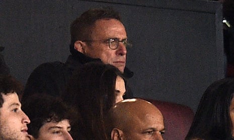 Manchester United’s interim manager Ralf Rangnick watches the win over Arsenal from the stand
