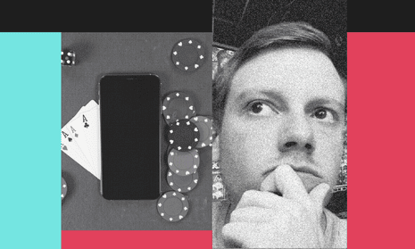 composite image of man's face in black and white and a phone lying on table next to cards and gambling chips