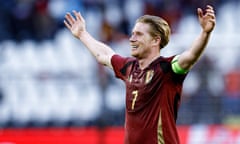 Kevin De Bruyne celebrates after scoring Belgium’s opener against Montenegro