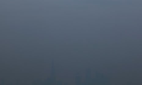 Industrial pollution from Europe and dust from the Sahara region creates a layer of smog over London in April 2014. 