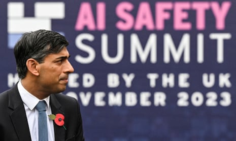 Rishi Sunak in front of billboard saying AI Safety Summit