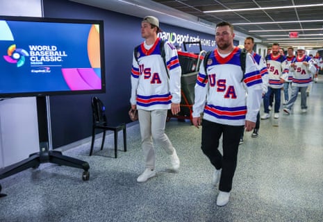 The US team arrive at Miami’s loanDepot Park ahead of Tuesday’s game.