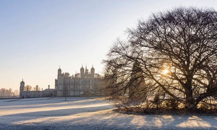 Burghley House on a frosty day with the sun low in the sky