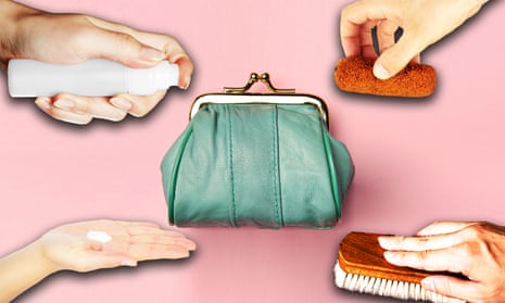 Composite image of hands holding elements of handbag restoration including cleaner and scrubbing brush