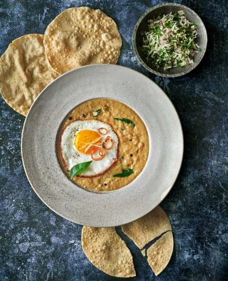 Crispy fried eggs with coconut curry and coriander sambol by Ravinder Bhogal. Food styling: Livia Abraham. Prop styling: Pene Parker.