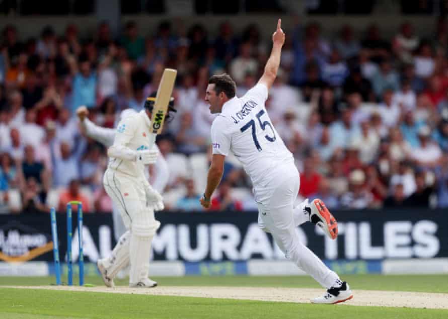 Devon Conway chops onto the stumps as Jamie Overton takes his maiden test wicket.