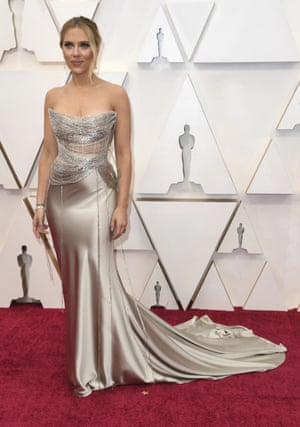 Scarlett Johansson arrives at the Oscars on Sunday, Feb. 9, 2020, at the Dolby Theatre in Los Angeles.