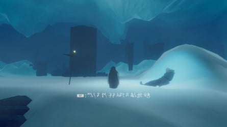 A low resolution penguin is in the Arctic. A man lays, slumped on the snow.
