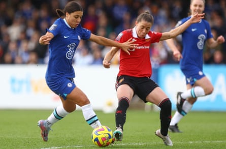 Sam Kerr takes on Manchester United’s Ona Batlle in March