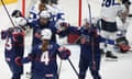 The United States' Hannah Bilka (23) celebrates her goal against Finland with teammates Tessa Janecke (22), Cayla Barnes (3) and Caroline Harvey (4) during the first period of Saturday’s game.