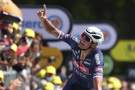 Mathieu Van Der Poel, currently in the maillot jaune, is pictured winning stage two in 2021, the last time a Tour stage finished with a double-ascent of the Mur-de-Bretagne (Wall of Brittany).