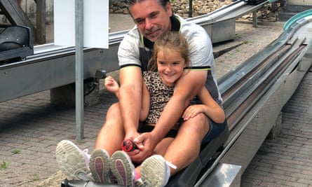 Majella’s daughter, Febe, tobogganing with dad Ronald