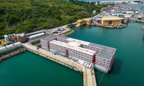 Aerial view of the Bibby Stockholm immigration barge in Portland Port