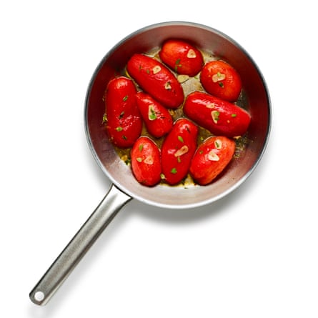 Skin, halve and deseed the tomatoes, then fry them in oil to dry them out a bit, and add garlic and thyme.