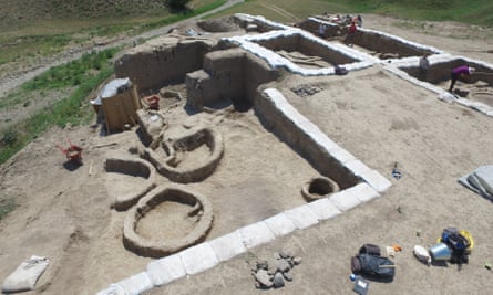 A drone photograph of excavations at the Gadachrili Gora, Georgia.