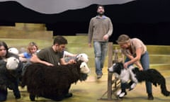 PRESS SHOT of The Shepherds Life. At the Theatre by the Lake, Keswick. From L to R Herdwick Flock operated by community cast, Joseph Richardson (Puppeteer / Joe / Ronnie / Ewan Goode), Kieran Hill (James), Ashleigh Cheadle (Puppeteer / Julie / Natasha / Pascale). Photo by Keith Pattison.