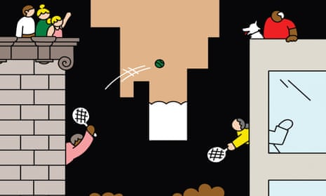 Illustration of people in facing tower blocks, playing tennis across divide