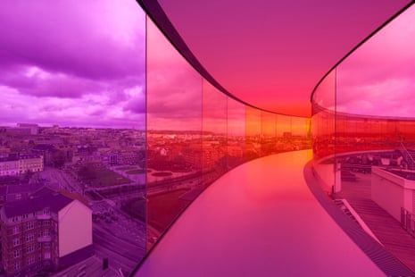 Interior of Your Rainbow Panorama by Olafur Eliasson, a floating rainbow walkway on top of ARoS Aarhus art museum in Denmark