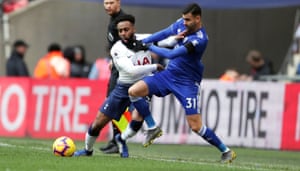Leicester City’s Rachid Ghezzal checks Tottenham’s Danny Rose as Spurs win 3-1 at Wembley Stadium.