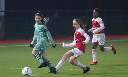 Maddy (left) and Laila (centre) during a training session of Arsenal’s Under-12 academy footballers
