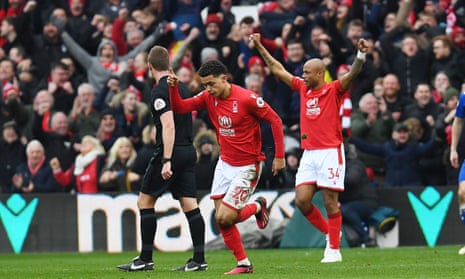 Brennan Johnson celebrates his side's second goal for Nottingham Forest.