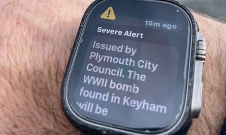 A message on a smart watch reads: Issued by Plymouth City Council. The WWII bomb found in Keyham will be …’