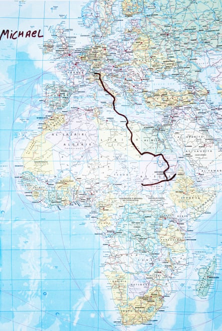 Map of the route from Africa to Italy of Michael Estifannos, 28, Eritrea.