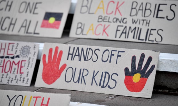 Handwritten signs for a march organised by Grandmothers Against Removals (GMAR) to mark Aboriginal and Torres Strait Islander Children’s Day, Sydney,  August 4, 2017.